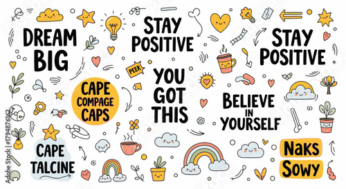 A vibrant collection of hand-drawn motivational quotes and positive affirmations, featuring whimsical illustrations like rainbows, clouds, and smiling suns, designed to inspire and uplift.