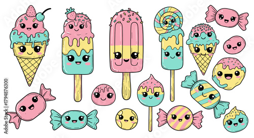 Cute cartoon sweets and desserts with kawaii faces, including ice cream, lollipops, and candies.