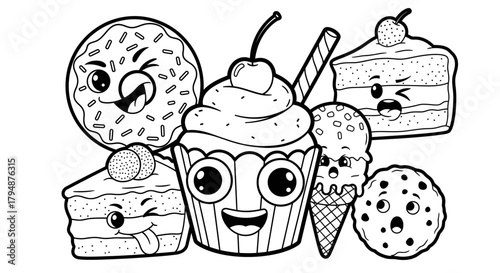 A delightful black and white illustration of various cartoon desserts with expressive faces, including a cupcake, donut, ice cream cone, cookie, and cake slices.