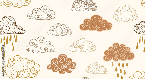Whimsical doodle clouds with gentle rain patterns on a textured background.