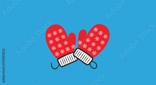 A pair of red mittens with white snowflake patterns on a bright blue background.