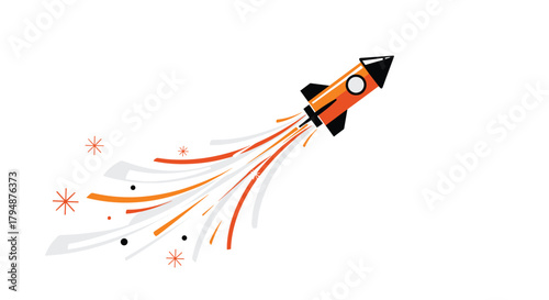 Orange rocket launching into space leaving a trail of sparks and smoke.