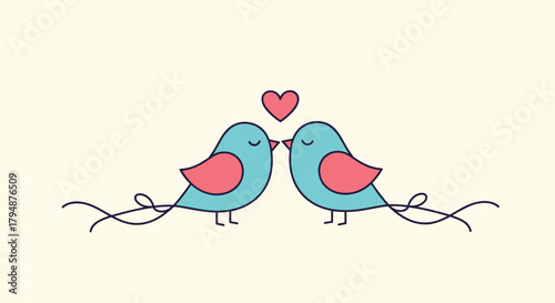 Two adorable little birds sharing a sweet kiss with a heart above their heads symbolizing love and affection.