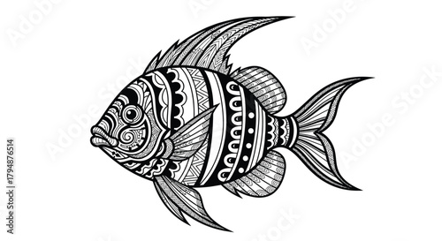 Intricate black and white ornamental fish illustration with detailed patterns and textures.