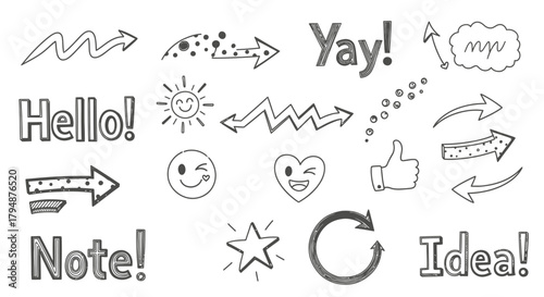 A collection of hand-drawn doodle elements including arrows, stars, hearts, smiley faces, and text like 'Yay!', 'Hello!', 'Note!', and 'Idea!'.