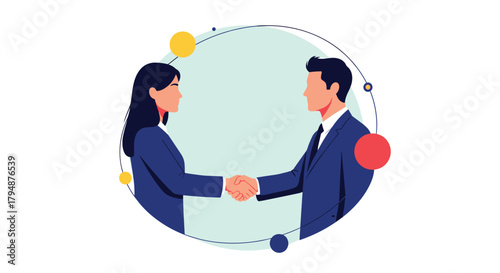 A woman and a man shake hands forming a business deal with colorful circles around them.