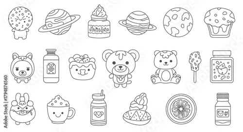 Collection of cute cartoon drawings of planets, animals, and food.