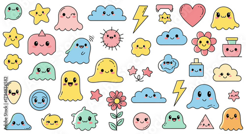 A vibrant collection of cute, kawaii-style cartoon characters and elements, including ghosts, stars, clouds, flowers, and lightning bolts, all with happy facial expressions.