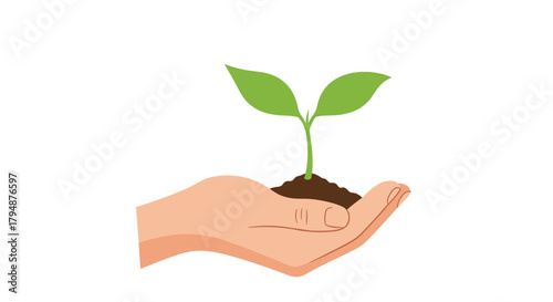A hand carefully holds a small green sprout growing from soil symbolizing new beginnings and organic growth.
