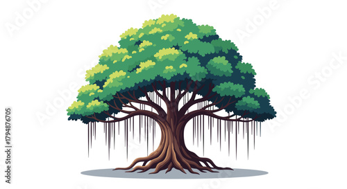 A majestic ancient banyan tree with sprawling roots and hanging aerial roots creating a canopy of lush green leaves.