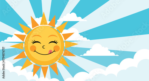 A cheerful cartoon sun with a happy face and tongue sticking out brightens the sky on a beautiful day.
