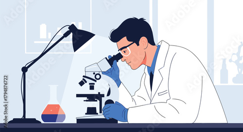 A scientist is looking through a microscope at a laboratory table with experiments.
