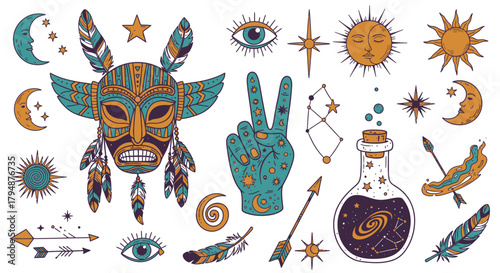 Collection of hand-drawn esoteric symbols featuring a tribal mask, celestial bodies, and magical elements.