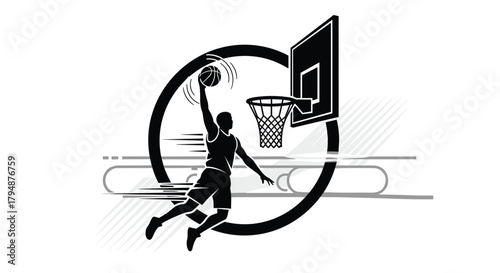 A basketball player is captured mid-air performing a slam dunk in this dynamic graphic illustration.