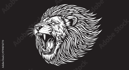 A striking black and white illustration of a roaring lion's head with a detailed mane against a dark background.