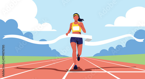 Athlete crossing the finish line on a sunny day at the stadium.