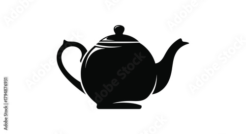 Classic black teapot with handle spout and lid for brewing tea.