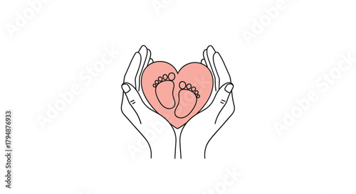 Cherishing newborn baby footprints within a loving heart shape held gently by caring hands.