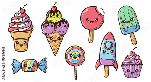 A collection of cute, kawaii-style cartoon illustrations of various sweet treats and desserts, including ice cream cones, popsicles, a cupcake, a lollipop, a candy, and a rocket-shaped popsicle.
