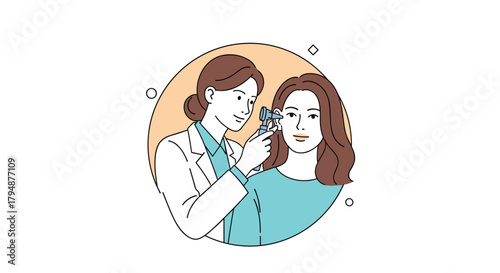 An illustration of a doctor examining a patient's ear with an otoscope.