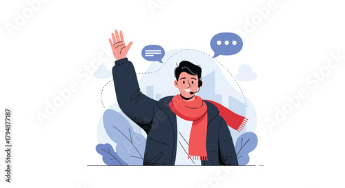 A friendly person waving hello and initiating a conversation with chat bubbles overhead indicating communication and interaction taking place.