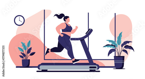 A woman exercising on a treadmill in a home gym setting