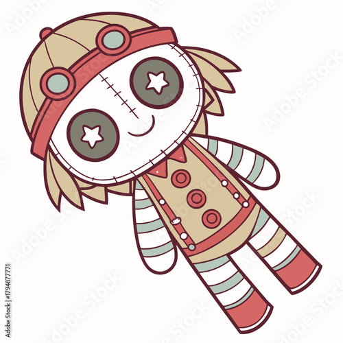 Cartoon Voodoo Doll with Star Eyes and Goggles on White Background Keywords: voodoo doll, toy, stuffed toy, character, cartoon, cute, quirky, steampunk, goggles, hat, buttons, stitches, star eyes