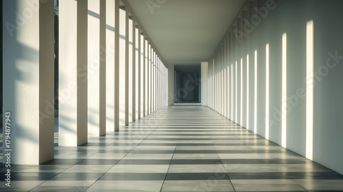 Wallpaper Mural Modern architectural corridor features tall white columns casting long shadows on checkered floor, creating serene and balanced atmosphere Torontodigital.ca