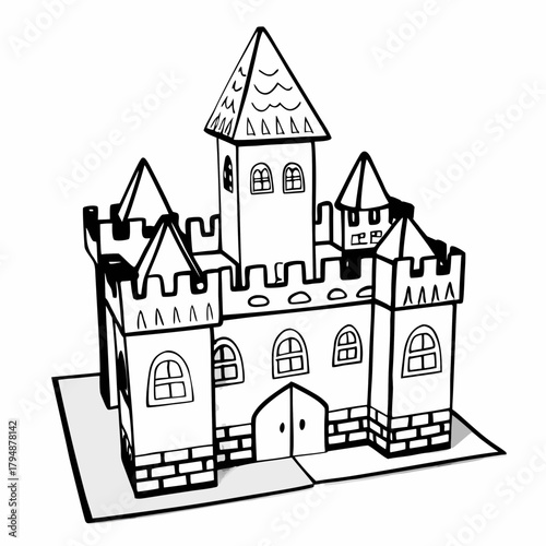 Detailed Illustration of a Black and White Castle with Towers and Flags fortress architecture