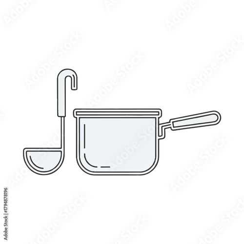 Minimalist line art icon of a saucepan and soup ladle, representing essential kitchenware and cooking utensils for food preparation