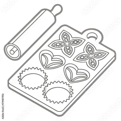 Rolling pin and baking mold with heart and flower shapes on a white background baking pan cookie cutter