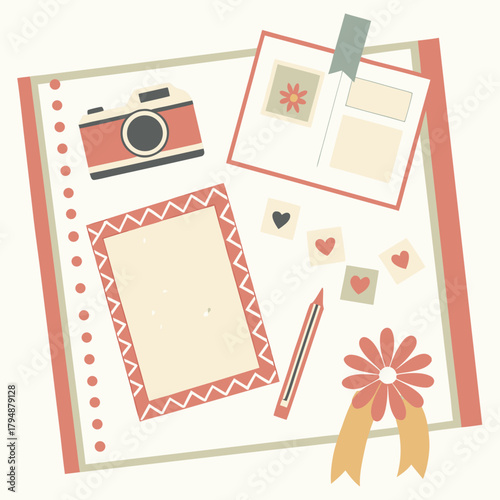 Scrapbooking Layout with Camera, Photo Frame, Pencil, and Flower Embellishment Keywords: scrapbooking, photo album, layout, camera, photo frame, pencil, flower, ribbon, memories, journaling, DIY