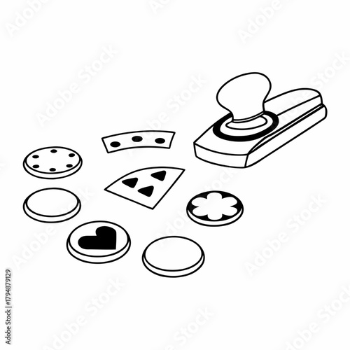 Set of cookie cutters and a stamp with various shapes on a white background baking crafting