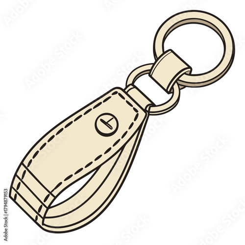 Simple Beige Leather Keychain with Metal Ring and Screw Detail on White Background Keywords: keychain, key holder, accessory, leather, beige, metal ring, loop, strap, screw, detail, simple, design