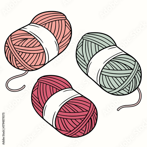 Three Balls of Yarn in Pink, Mint Green, and Red with Loose Threads Keywords: yarn, wool, knitting, crochet, craft, sewing, textile, thread, ball, skein, pink, mint green, red, loose thread, craft