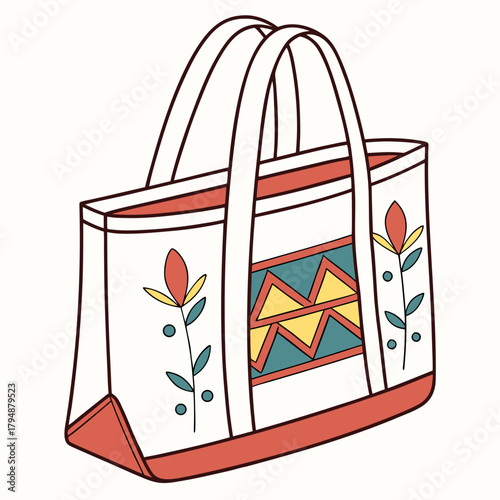 White Tote Bag with Red Trim and Colorful Floral and Geometric Pattern handbag shopper