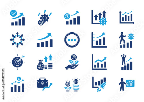 Growth thin solid icon set. Containing performance, gain, improvement, chart, expansion, evolution, progress, graph, development, target. Vector illustration