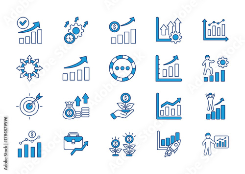 Growth thin blue icon set. Containing performance, gain, improvement, chart, expansion, evolution, progress, graph, development, target. Vector illustration