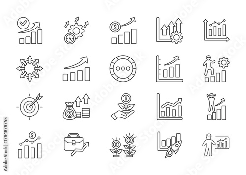 Growth thin line icon set. Containing performance, gain, improvement, chart, expansion, evolution, progress, graph, development, target. Vector illustration