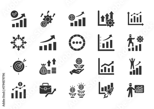 Growth thin glyph icon set. Containing performance, gain, improvement, chart, expansion, evolution, progress, graph, development, target. Vector illustration