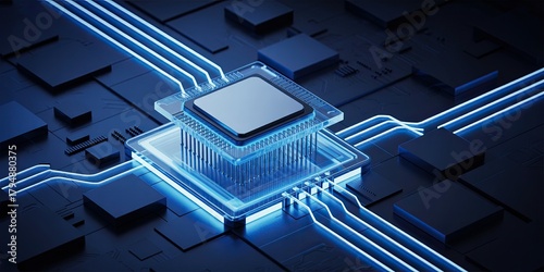 Modern computer chip with glowing blue connections for AI technology