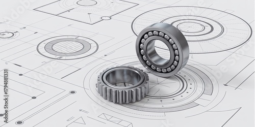 Precision engineering design featuring gear and bearings on blueprint plans