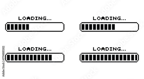 Retro pixel art loading bars in black and white, indicating progress and waiting for digital content