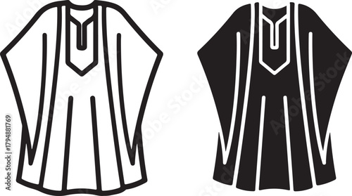 Traditional flowing tunic or caftan robe outline and solid silhouette icon for cultural attire, religious garments, and fashion wear design elements isolated on white background, Vector, illustration
