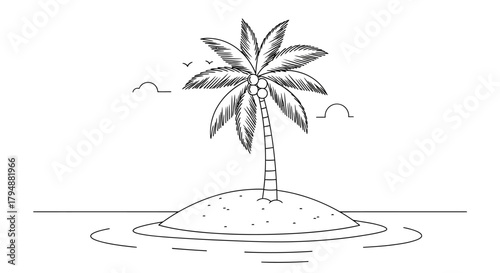 A lone palm tree stands on a small island surrounded by water under a cloudy sky.
