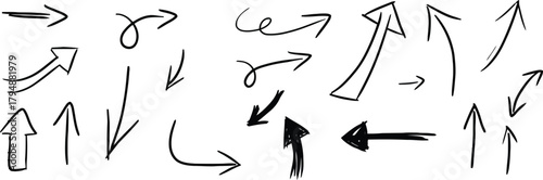 Collection of hand drawn arrow doodles pointing in various directions isolated on transparent background