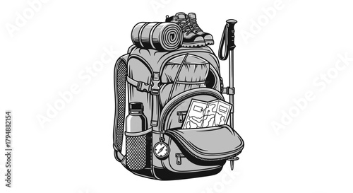 Illustration of a filled hiking backpack with boots, map, water bottle, compass, and trekking pole.
