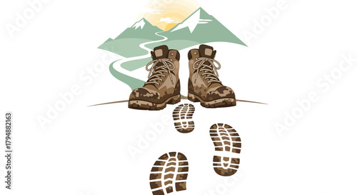 Hiking boots and footprints on a trail leading towards mountains under sun.