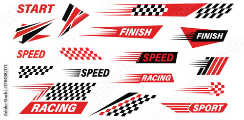 Racing Graphics Vector Set Start Finish Speed Sport Design Checkered Flags Motion Lines Red and Black Competition