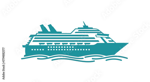 A stylized illustration of a cruise ship sailing on the ocean waves.